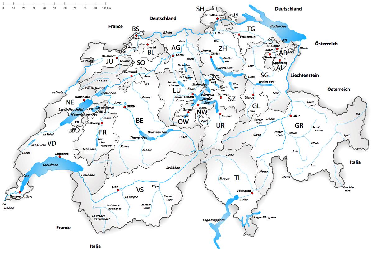 Sveitsi-joen kartta - Sveitsi joet kartta (Länsi-Eurooppa - Eurooppa)