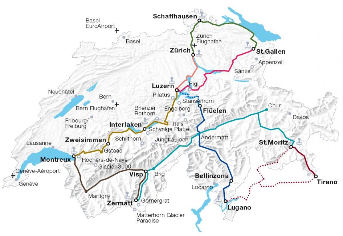 Sveitsi luonnonkaunis juna kartta - Sveitsi luonnonkaunis juna reitit  kartalla (Länsi-Eurooppa - Eurooppa)